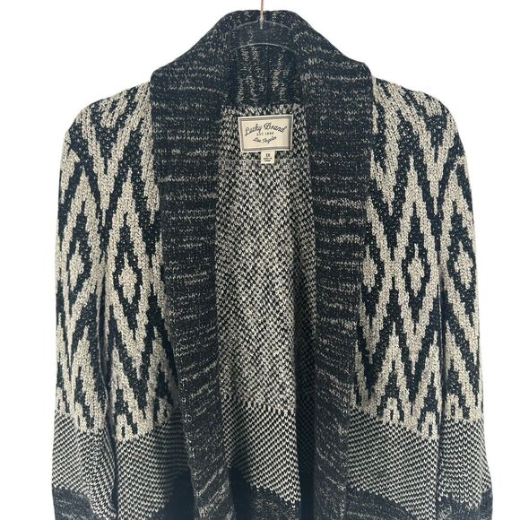 Lucky Brand Sweater Womens 1X Black Cardigan Wool Blend Open Front Long Boho - Picture 4 of 16